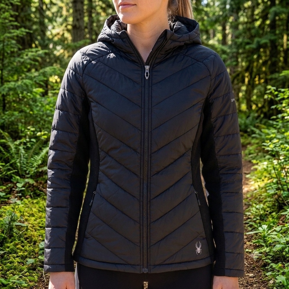 NEW Spyder Women's Black Hybrid Puffer Jacket Hooded Quilted Medium Lightweight